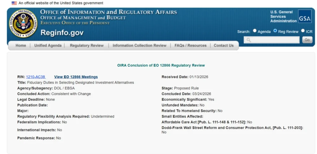 The White House Office of Information and Regulatory Affairs Completes Review of Department of Labor Proposal on Alternative Assets in 401(k) Plans